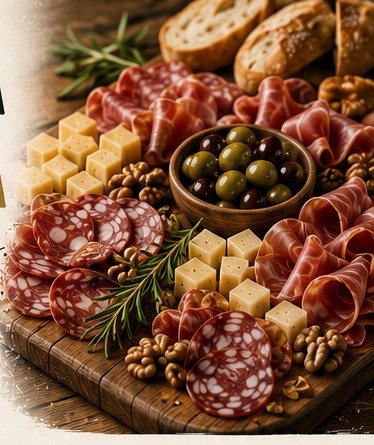 Tabla con quesos, fiambres, panes y aceitunas