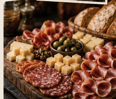 Selección de quesos, fiambres y panes